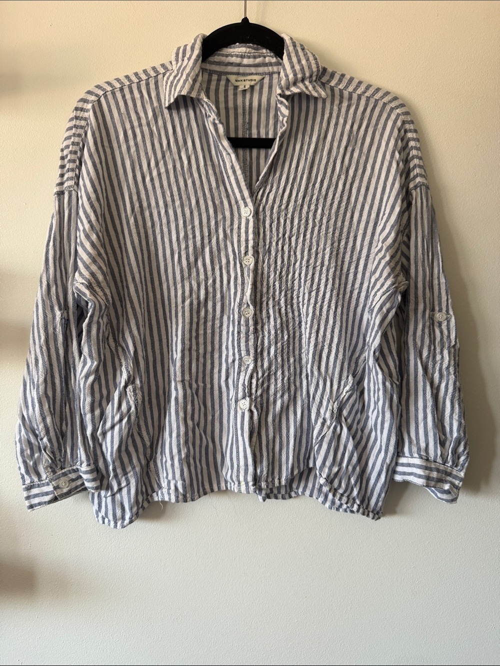 Max Studio|Striped Coastal Linen OS Cotton Button-Up Shirt|Blue/White|Small|EUC